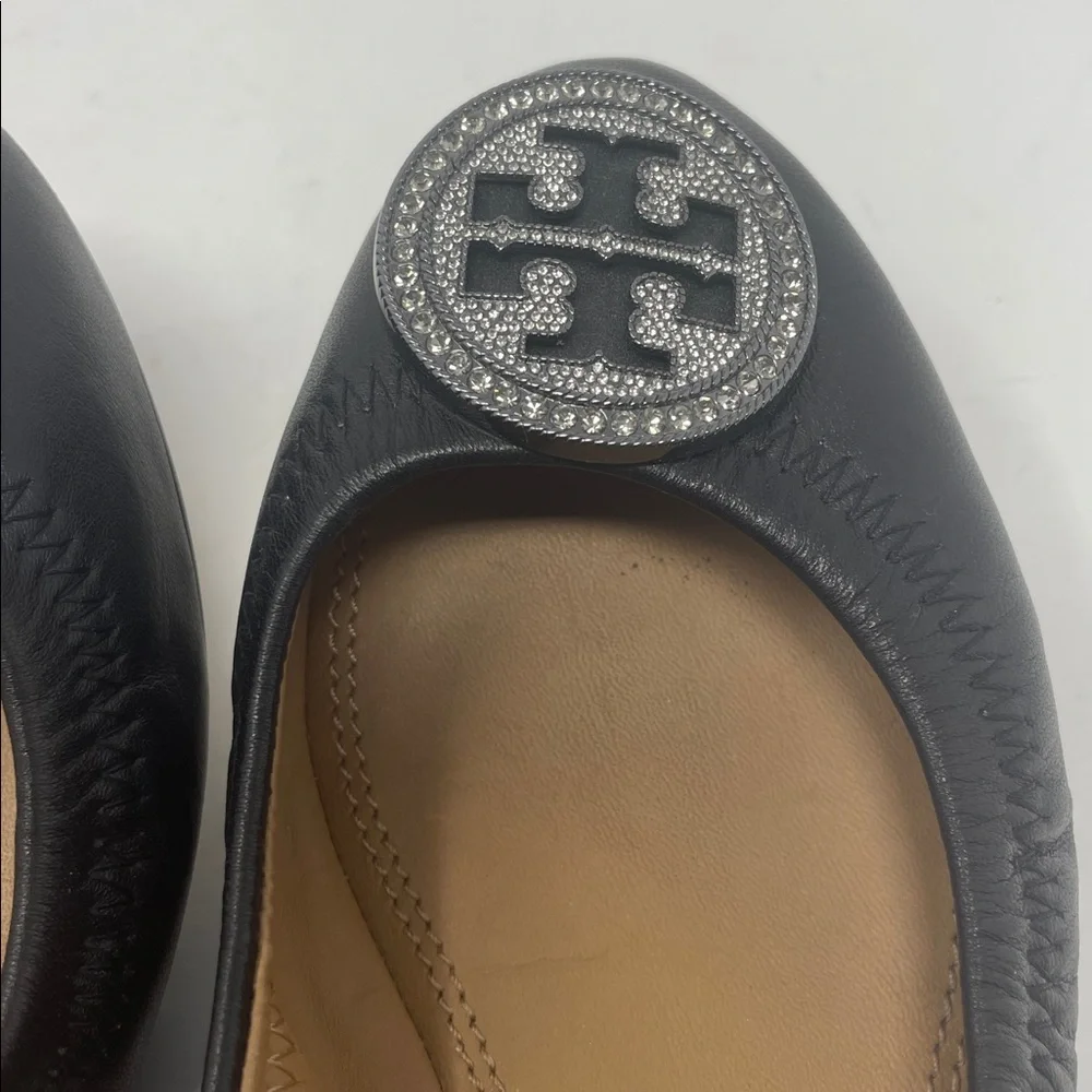 Tory Burch Black Ballet Flats with Silver Rhinestone Logo Size 6.5